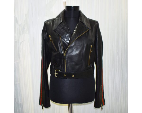 Women's Real Python Skin Trim Genuine Leather Luxury Motorcycle Biker Jacket