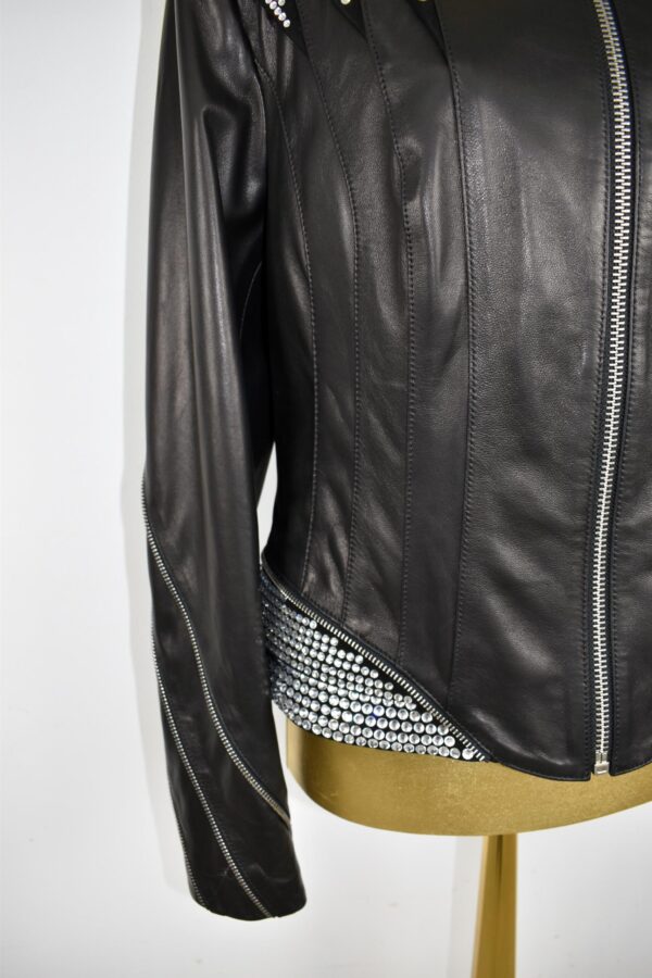 Rhinestone Black Leather Jacket • Women’s Crystal Studded Biker Coat