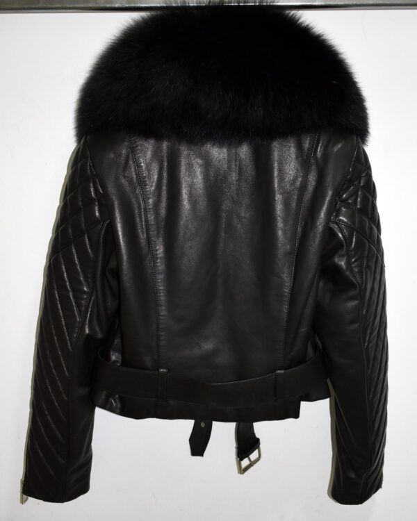 Handmade Lambskin Leather Jacket: Fox Fur Trim, Black Luxury Coat