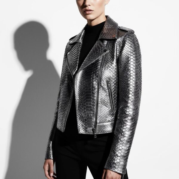 Women's Genuine Python Leather Real Exotic Snake Skin Metalic Grey Luxury Fashion Biker Jacket
