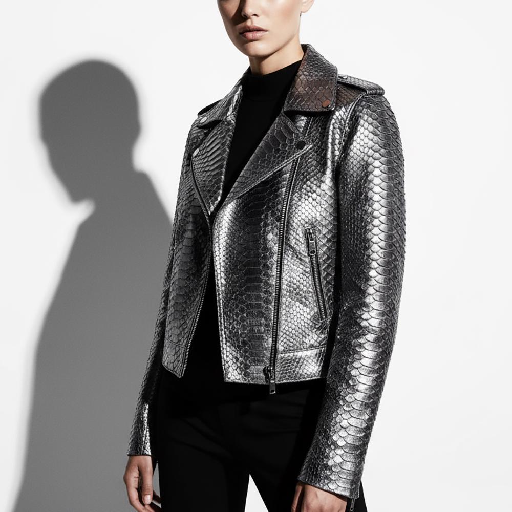Women's Genuine Python Leather Real Exotic Snake Skin Metalic Grey Luxury Fashion Biker Jacket