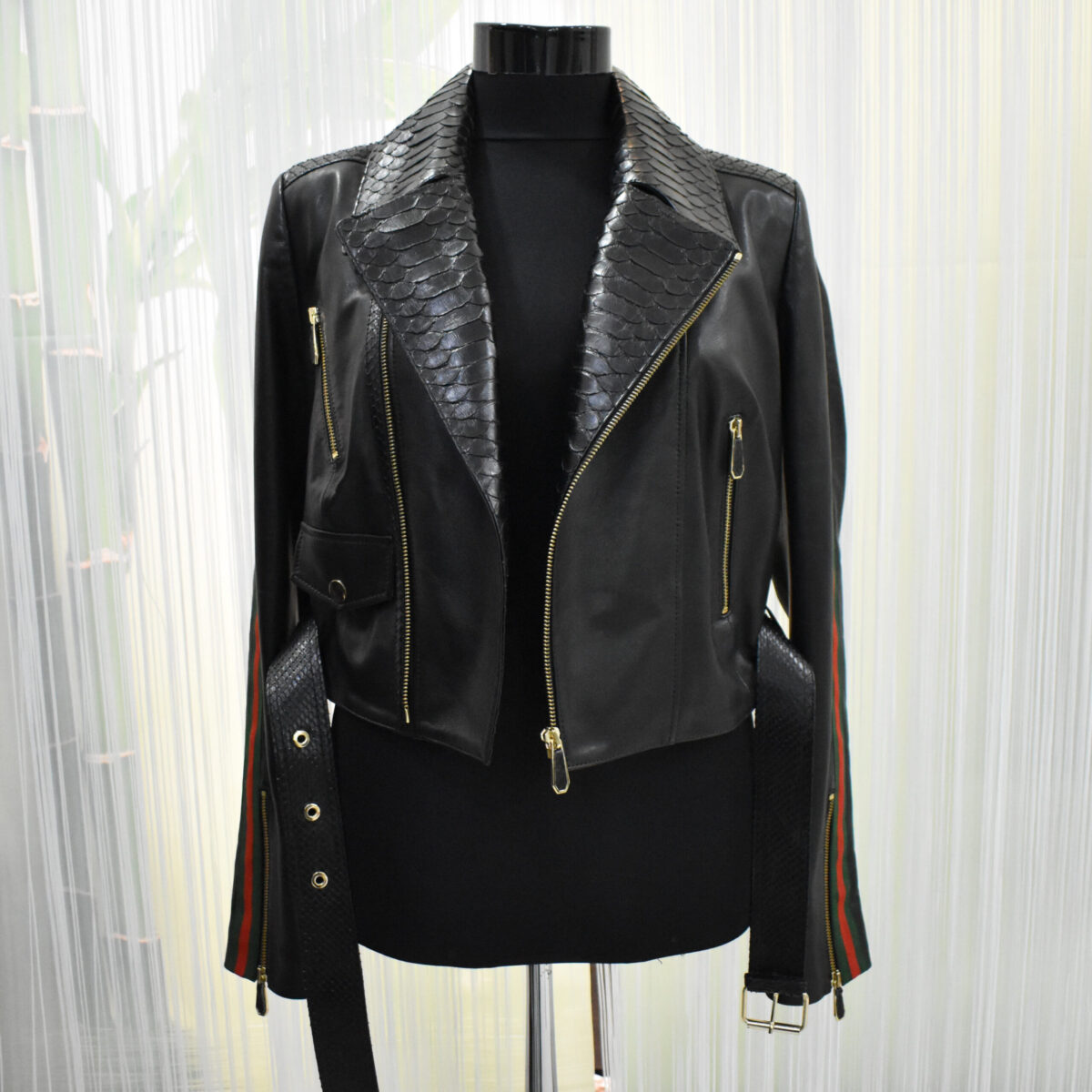 Women's Real Python Skin Trim Genuine Leather Luxury Motorcycle Biker Jacket