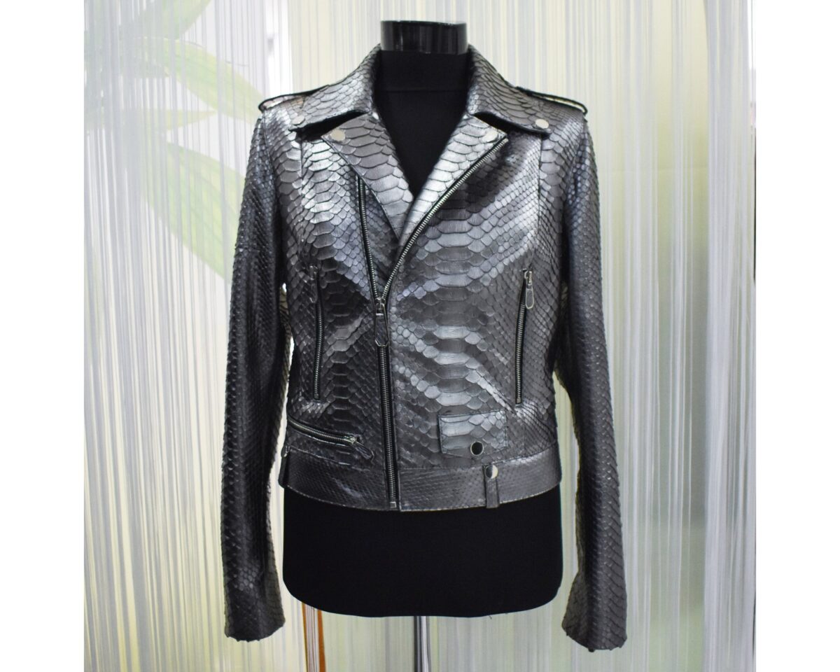 Women's Genuine Python Leather Real Exotic Snake Skin Metalic Grey Luxury Fashion Biker Jacket