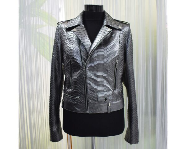 Women's Genuine Python Leather Real Exotic Snake Skin Metalic Grey Luxury Fashion Biker Jacket