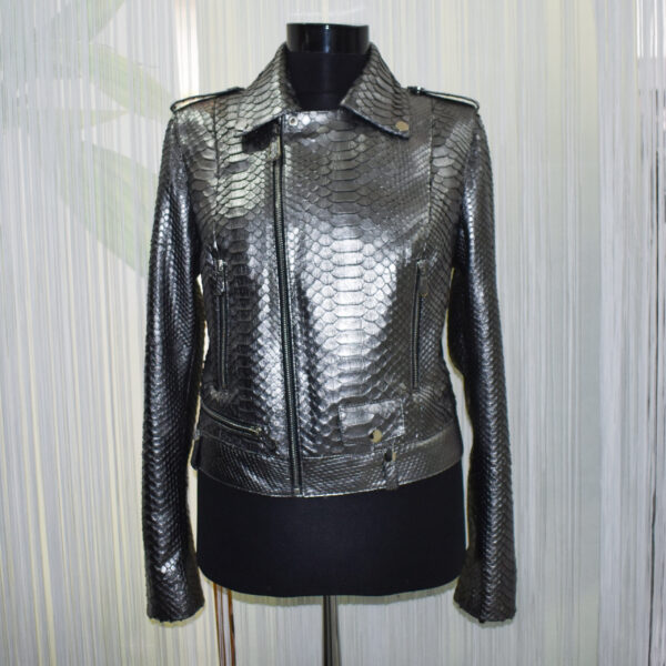 Women's Genuine Python Leather Real Exotic Snake Skin Metalic Grey Luxury Fashion Biker Jacket