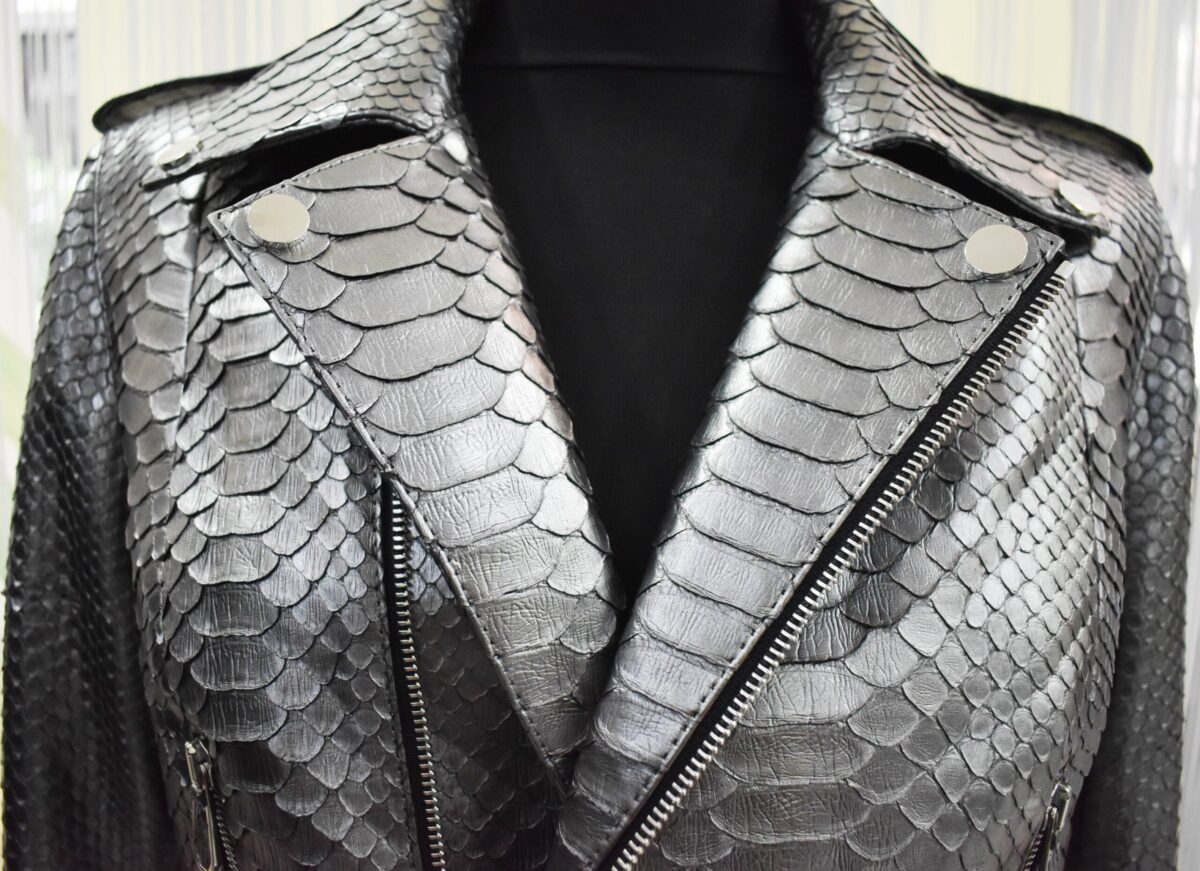 Women's Genuine Python Leather Real Exotic Snake Skin Metalic Grey Luxury Fashion Biker Jacket