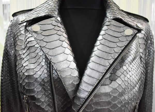 Women's Genuine Python Leather Real Exotic Snake Skin Metalic Grey Luxury Fashion Biker Jacket