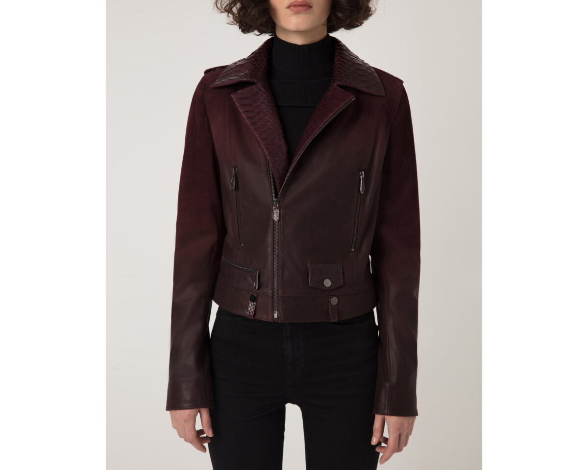 Women's Python Trim Gradient Leather Burgundy Motorcycle Biker Jacket