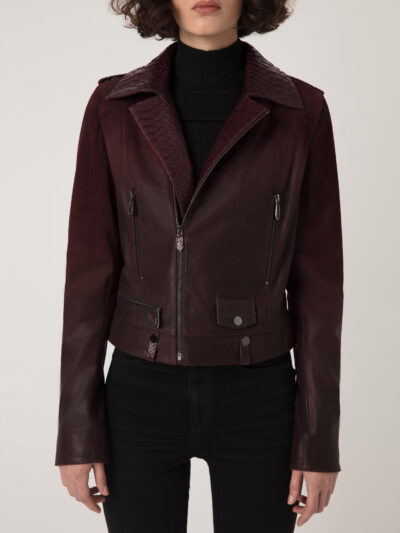Women's Python Trim Gradient Leather Burgundy Motorcycle Biker Jacket