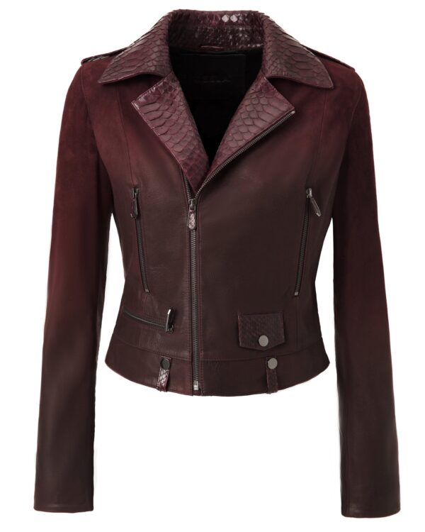 Women's Python Trim Gradient Leather Burgundy Motorcycle Biker Jacket