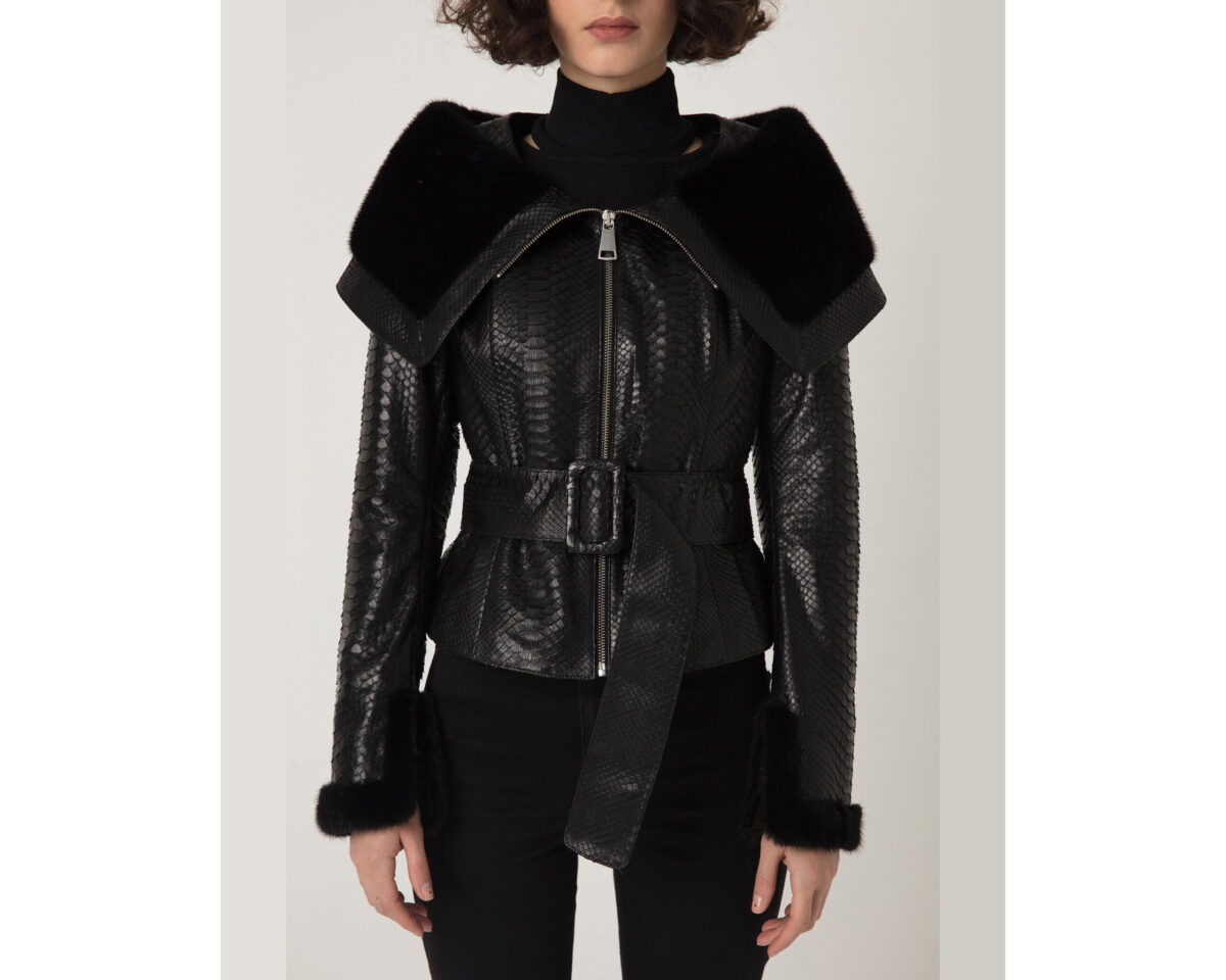 Women's Mink Fur Trim Python Leather Jacket With Strap