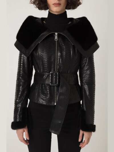 Women's Mink Fur Trim Python Leather Jacket With Strap