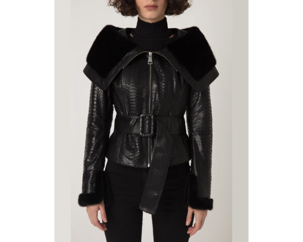 Women's Mink Fur Trim Python Leather Jacket With Strap