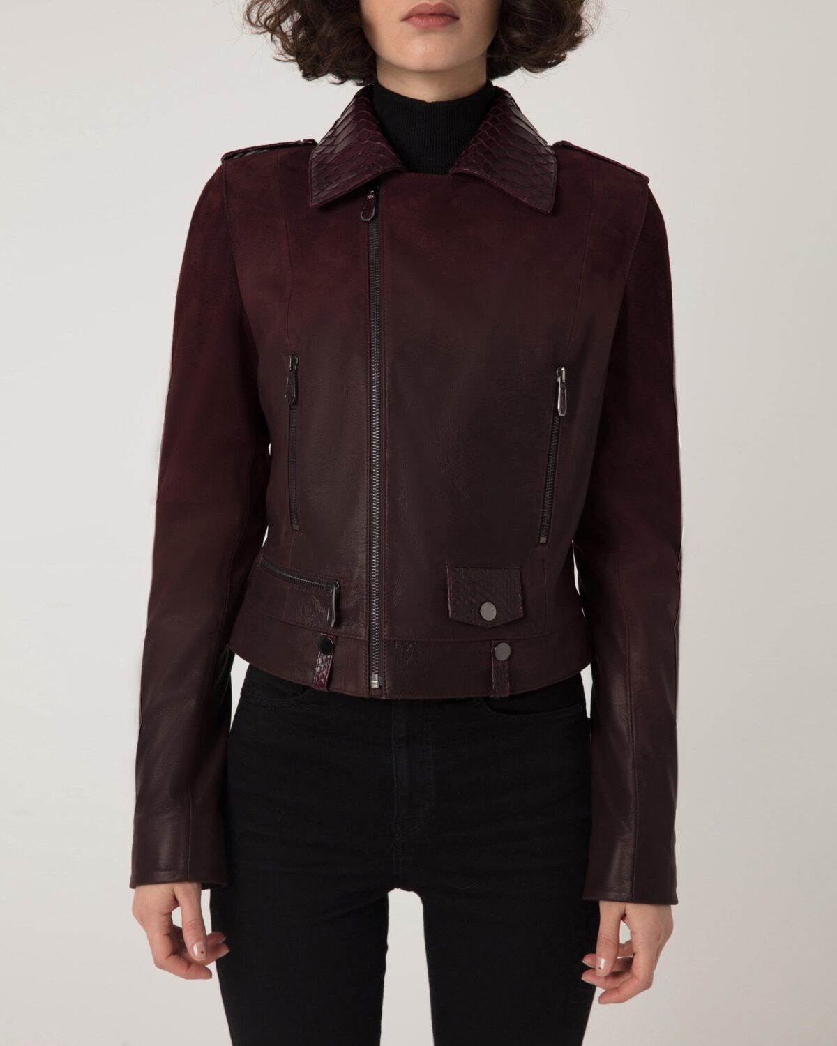 Women's Python Trim Gradient Leather Burgundy Motorcycle Biker Jacket