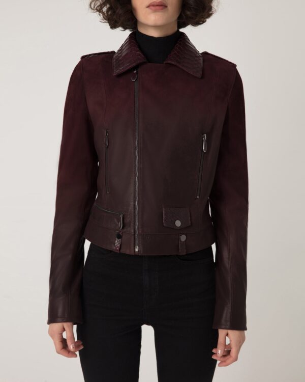 Women's Python Trim Gradient Leather Burgundy Motorcycle Biker Jacket