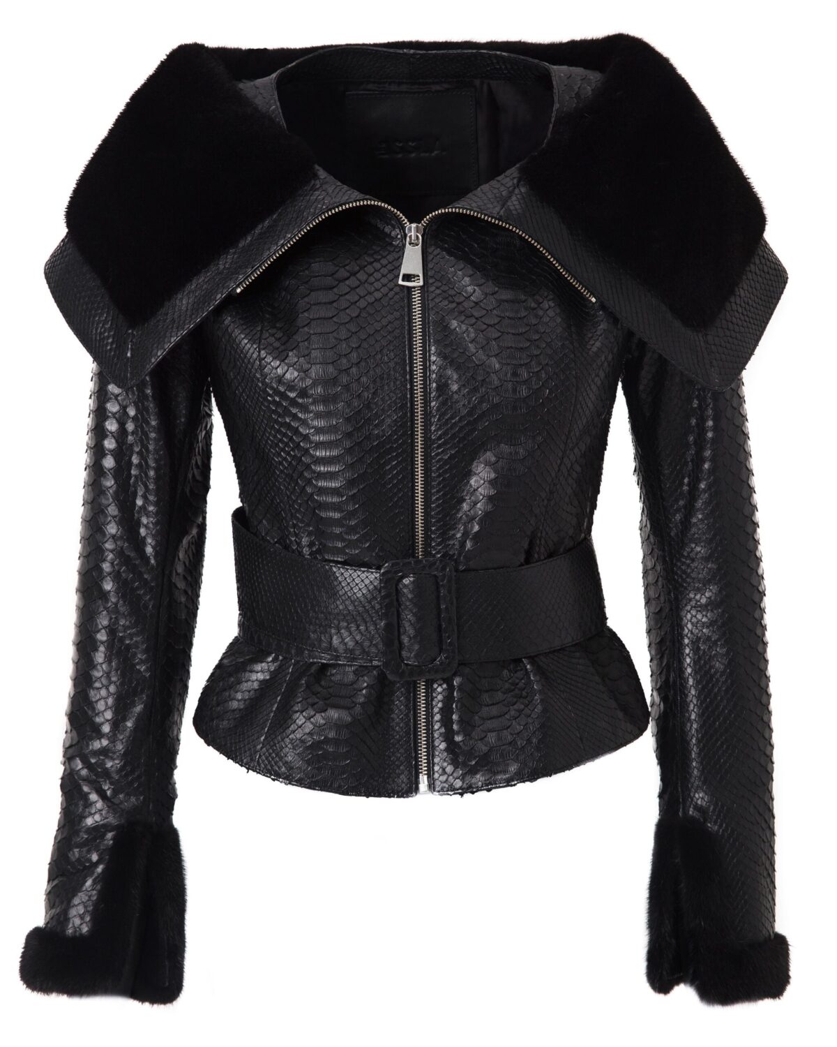 Women's Mink Fur Trim Python Leather Jacket With Strap