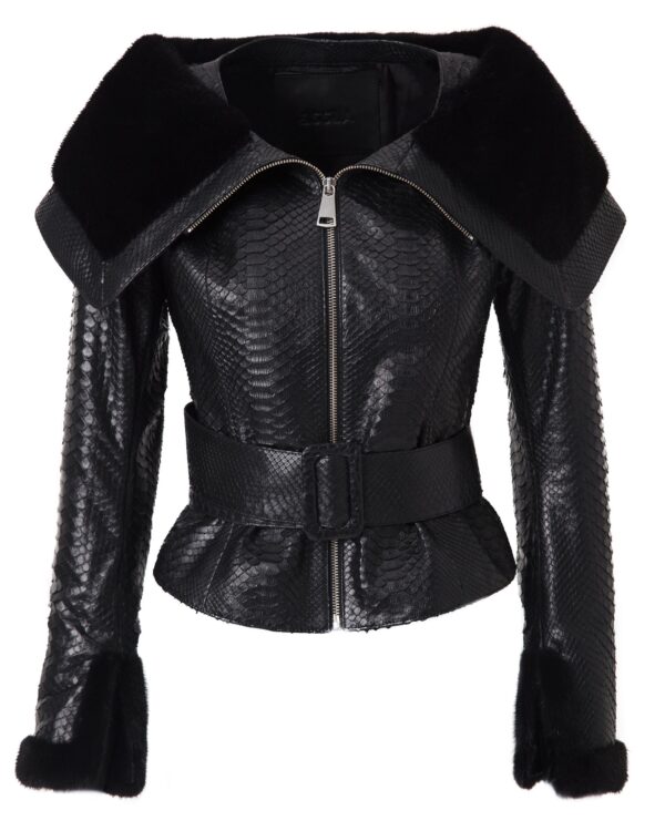 Women's Mink Fur Trim Python Leather Jacket With Strap