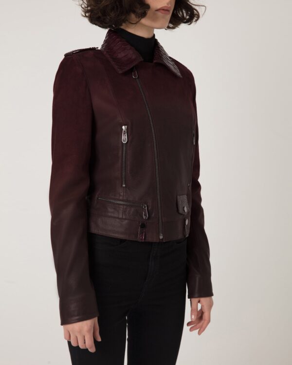 Women's Python Trim Gradient Leather Burgundy Motorcycle Biker Jacket