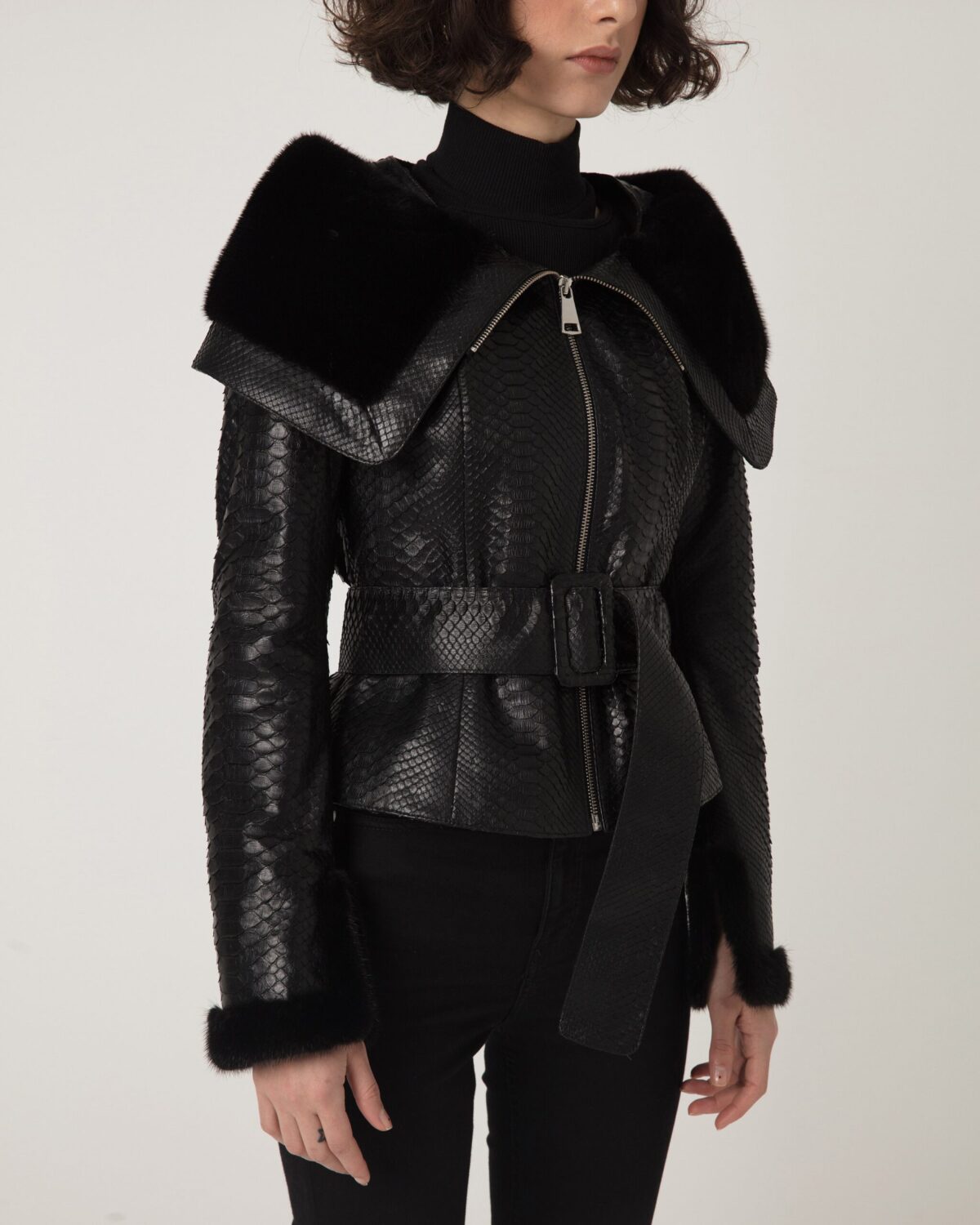 Women's Mink Fur Trim Python Leather Jacket With Strap