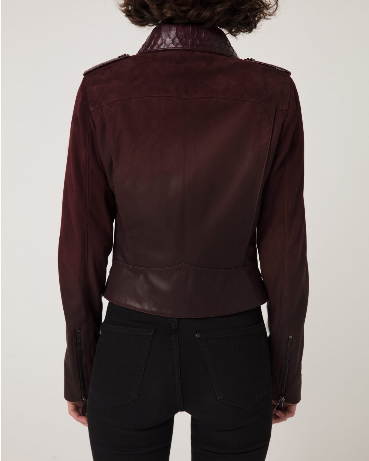 Women's Python Trim Gradient Leather Burgundy Motorcycle Biker Jacket