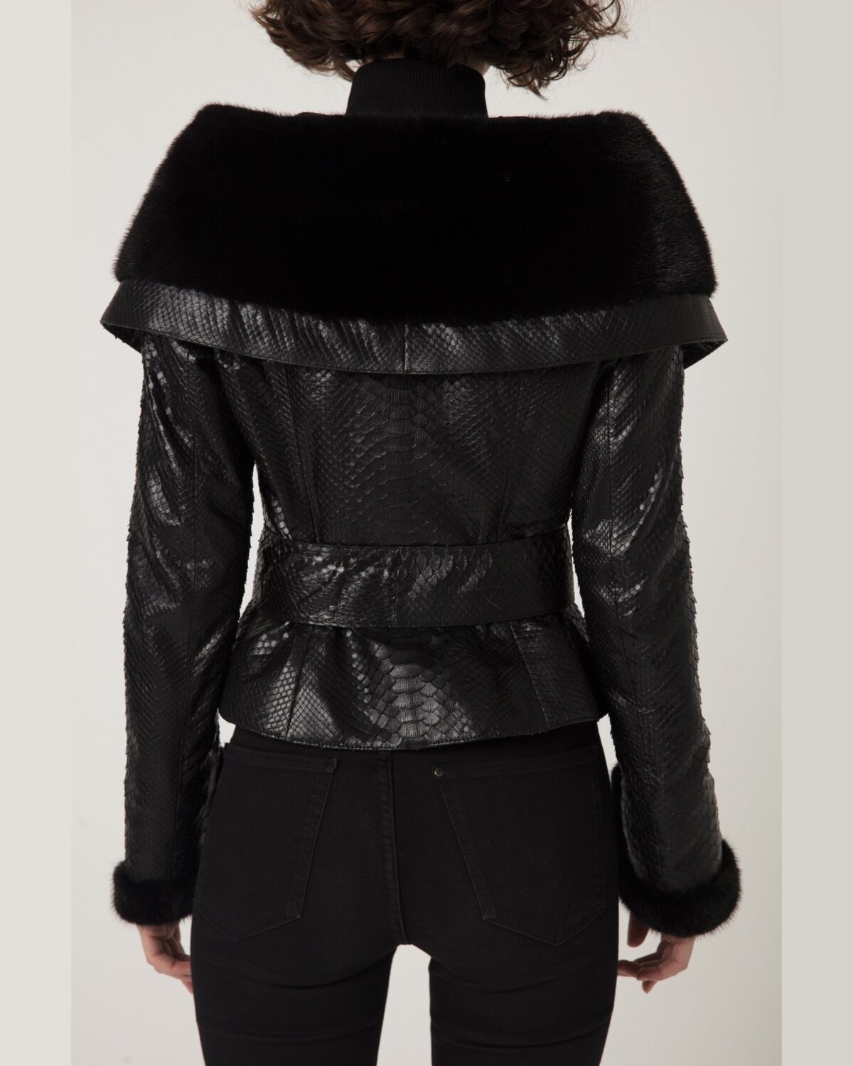 Women's Mink Fur Trim Python Leather Jacket With Strap