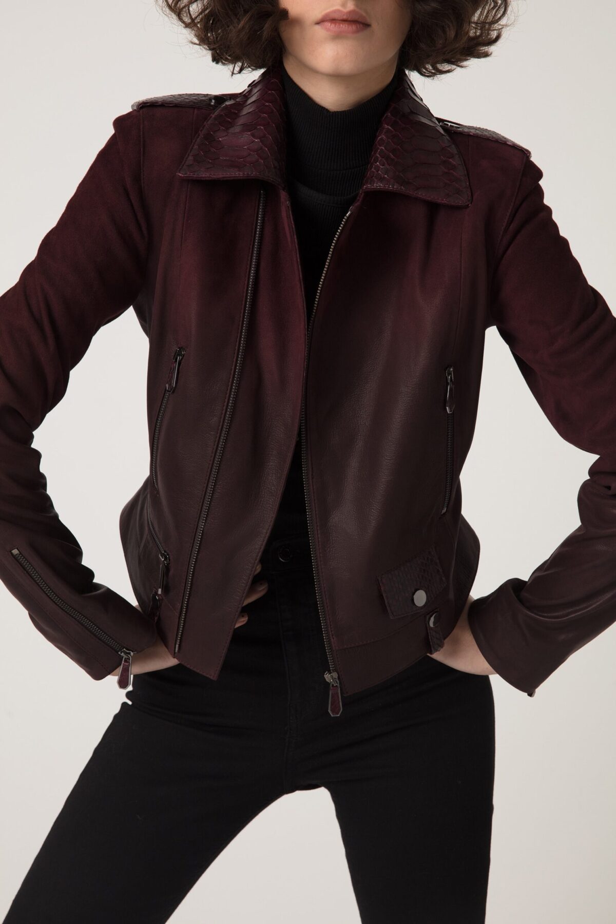 Women's Python Trim Gradient Leather Burgundy Motorcycle Biker Jacket