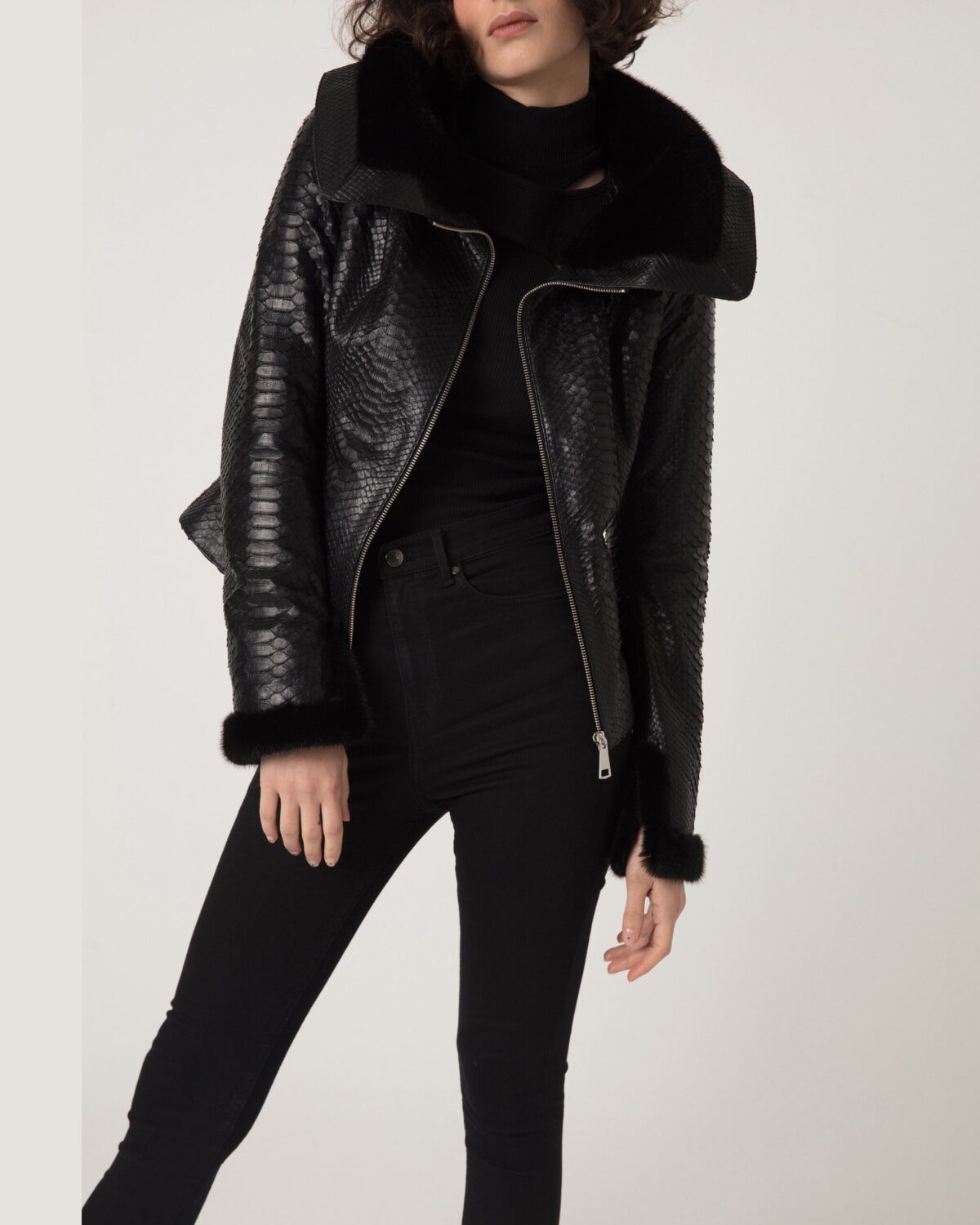 Women's Mink Fur Trim Python Leather Jacket With Strap