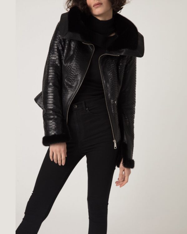 Women's Mink Fur Trim Python Leather Jacket With Strap