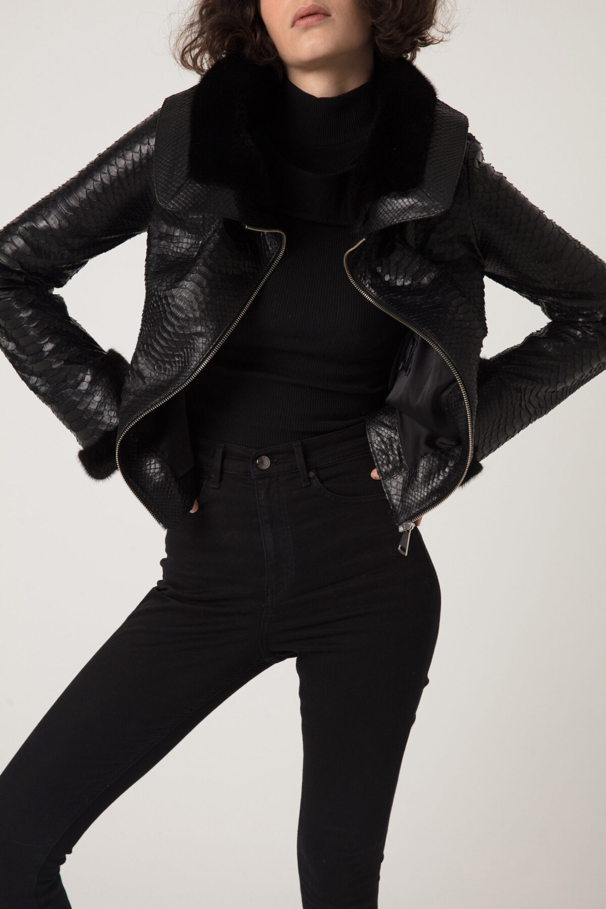 Women's Mink Fur Trim Python Leather Jacket With Strap