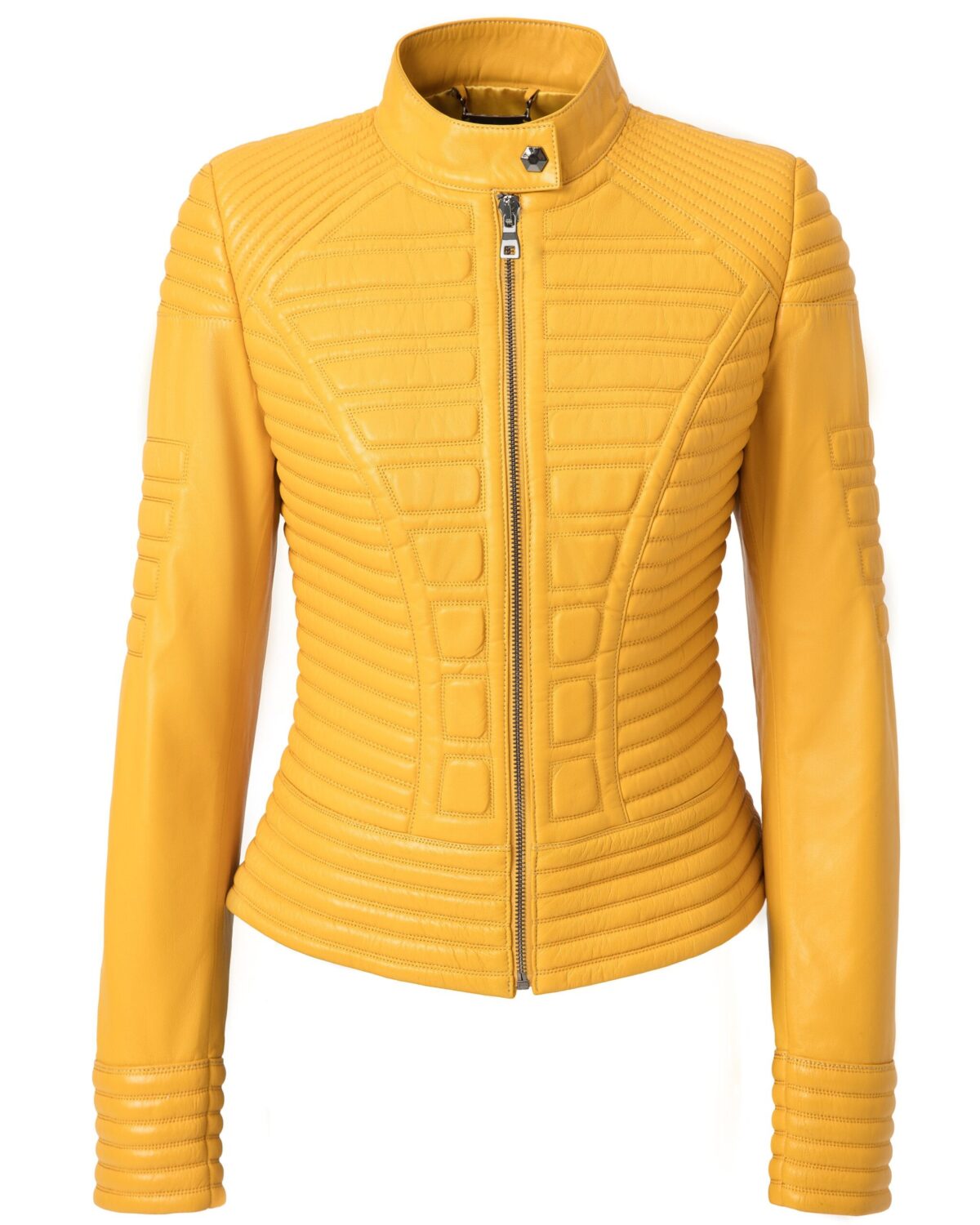 Women's Quilted Genuine Leather Black Yellow Handmade Luxury Jacket