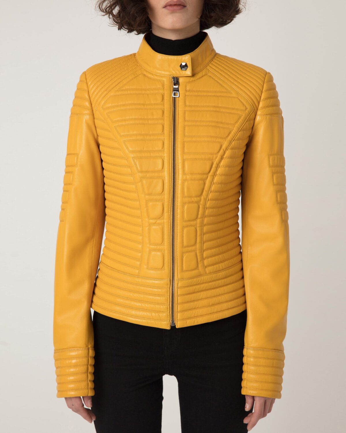 Women's Quilted Genuine Leather Black Yellow Handmade Luxury Jacket