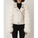 Women's Fox Fur Trim Real Python Leather Motorcycle Biker Jacket