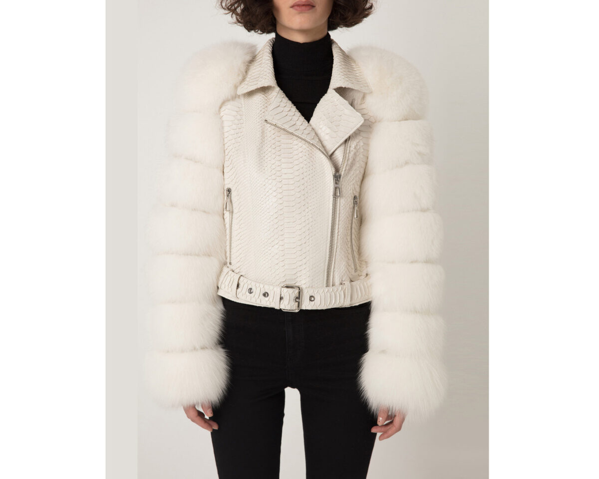 695e609c59f447123fa667b7.jpg Women's Fox Fur Trim Real Python Leather Motorcycle Biker Jacket