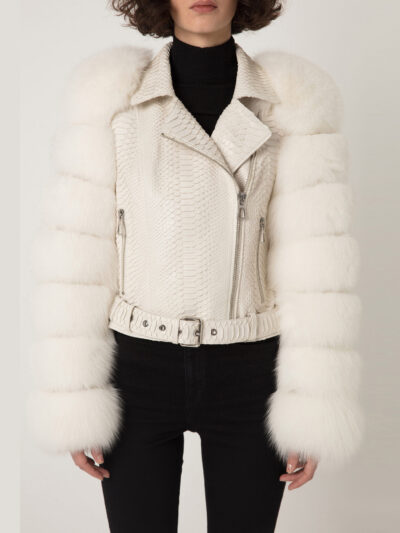 Women's Fox Fur Trim Real Python Leather Motorcycle Biker Jacket