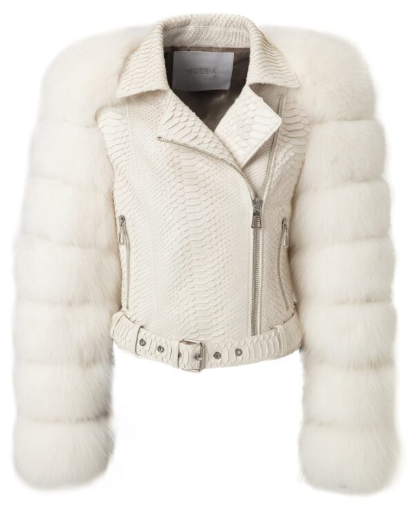 Women's Fox Fur Trim Real Python Leather Motorcycle Biker Jacket