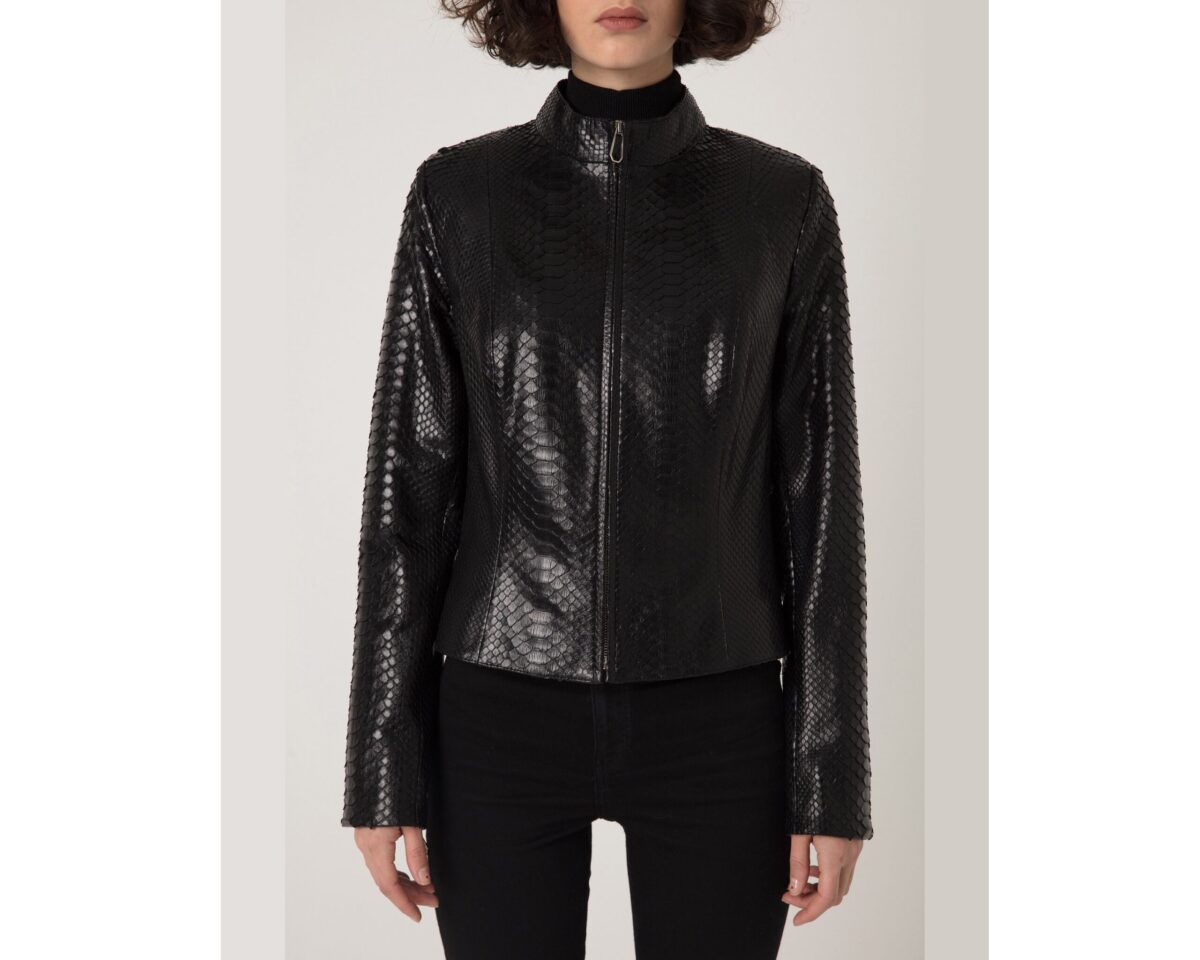 Women's Genuine Python Leather Black Snake Skin Exotic Moto Jacket