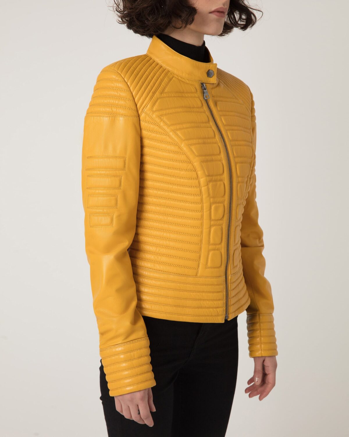 Women's Quilted Genuine Leather Black Yellow Handmade Luxury Jacket