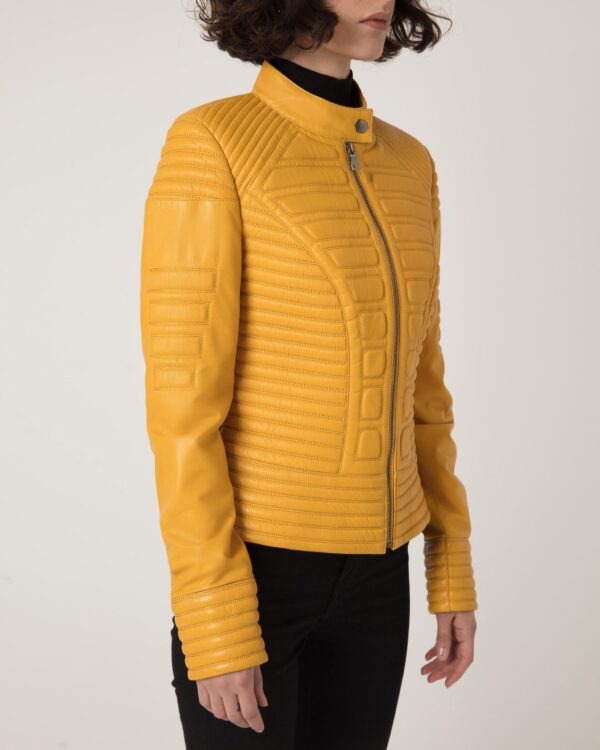 Women's Quilted Genuine Leather Black Yellow Handmade Luxury Jacket