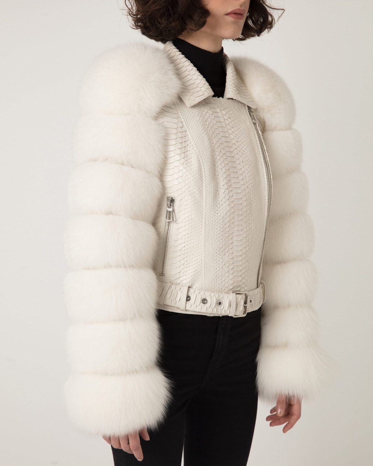 695e609f59f447123fa66823.jpg Women's Fox Fur Trim Real Python Leather Motorcycle Biker Jacket