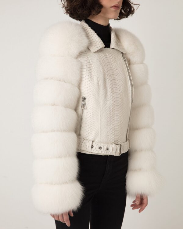 Women's Fox Fur Trim Real Python Leather Motorcycle Biker Jacket