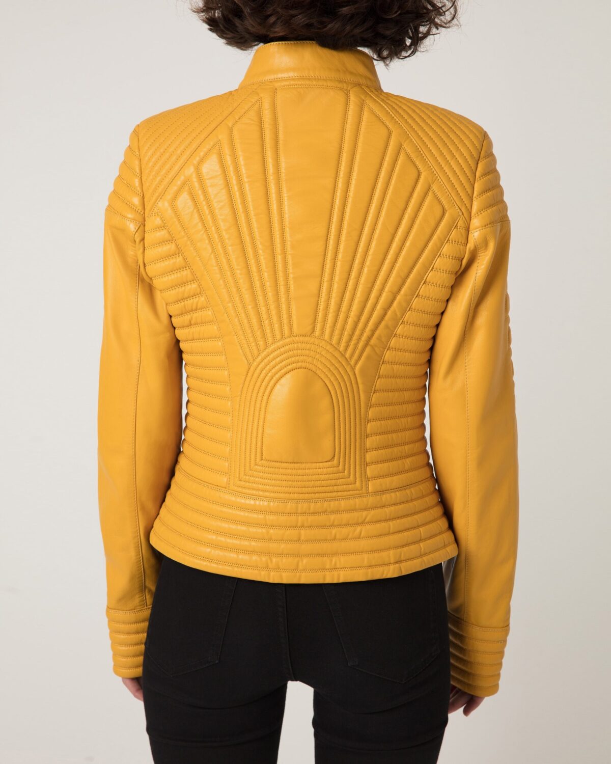 Women's Quilted Genuine Leather Black Yellow Handmade Luxury Jacket