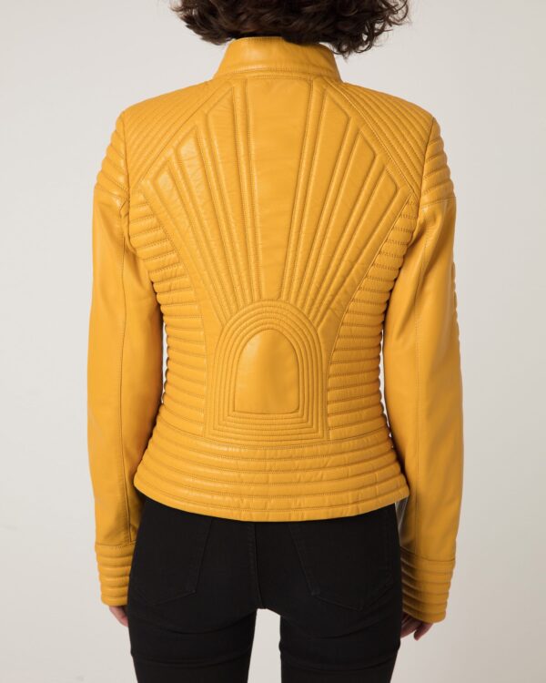 Women's Quilted Genuine Leather Black Yellow Handmade Luxury Jacket