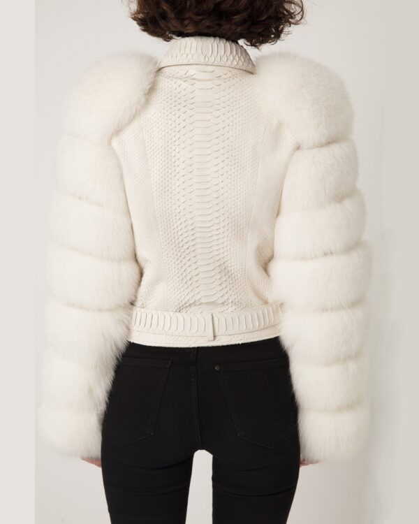 Women's Fox Fur Trim Real Python Leather Motorcycle Biker Jacket