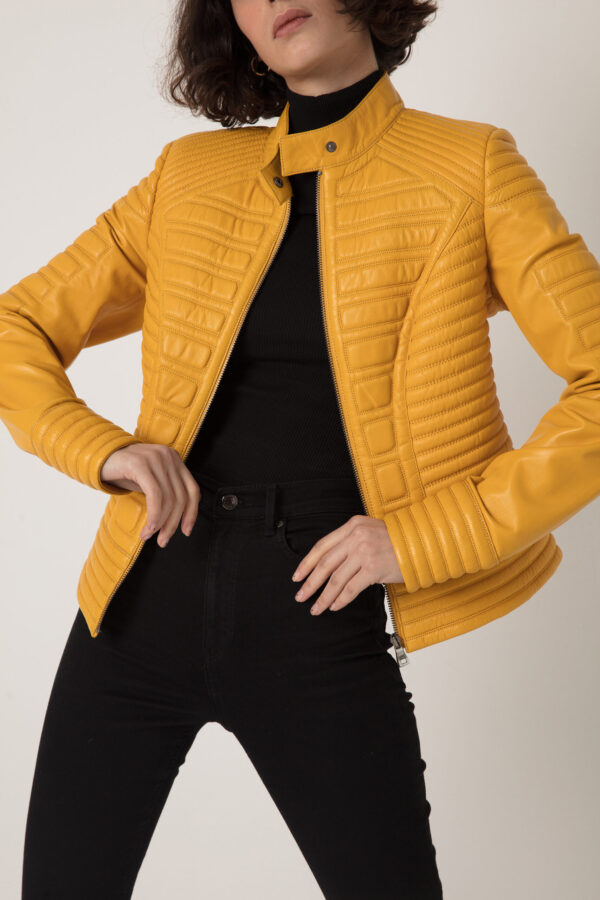 Women's Quilted Genuine Leather Black Yellow Handmade Luxury Jacket
