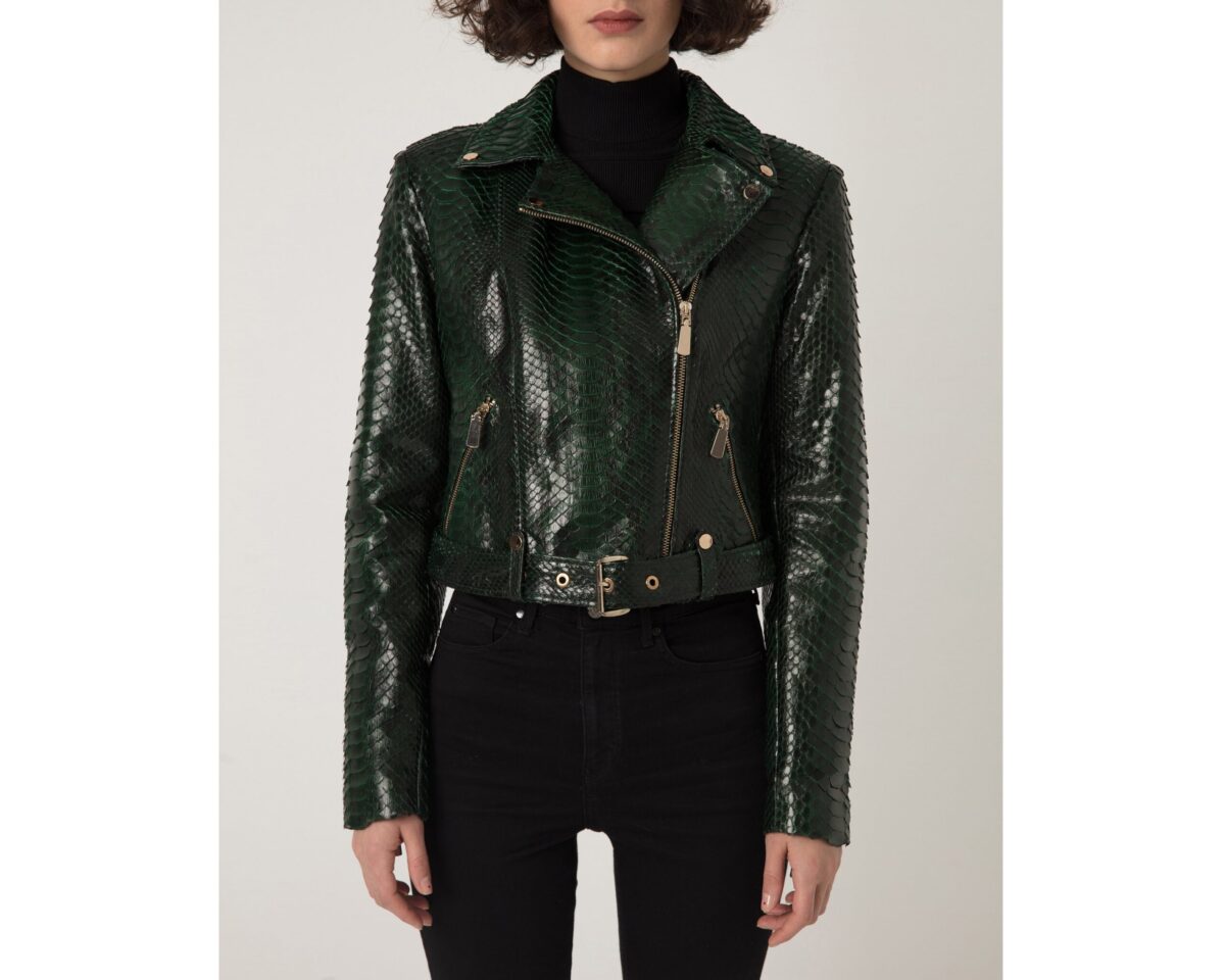 Women's Genuine Python Leather Green Snake Skin Exotic Motorcycle Biker Jacket