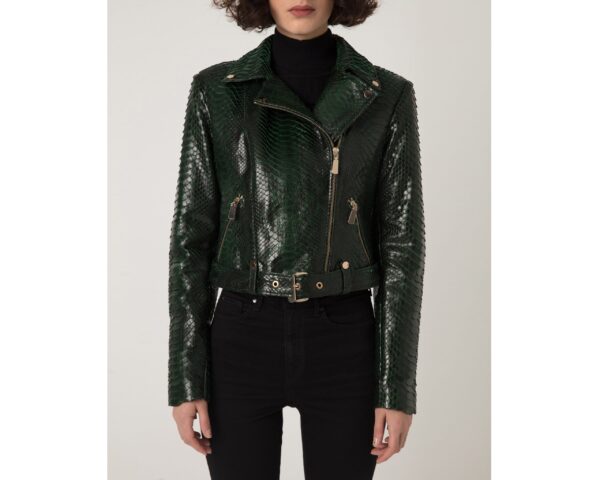 Women's Genuine Python Leather Green Snake Skin Exotic Motorcycle Biker Jacket