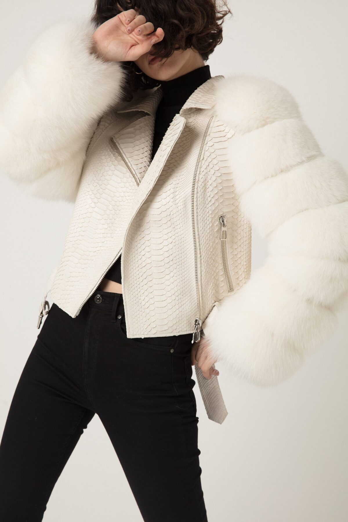 695e60a259f447123fa6689f.jpg Women's Fox Fur Trim Real Python Leather Motorcycle Biker Jacket