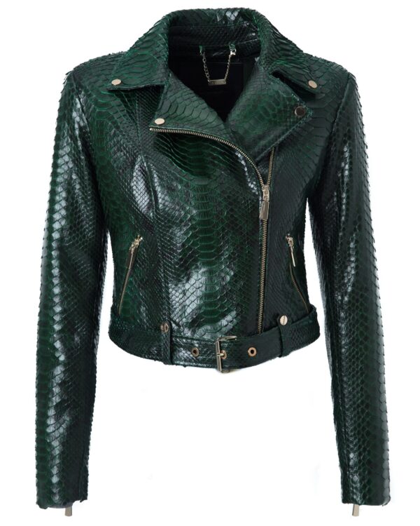 Women's Genuine Python Leather Green Snake Skin Exotic Motorcycle Biker Jacket