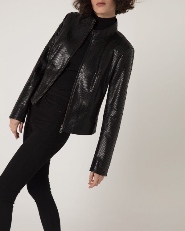 Women's Genuine Python Leather Black Snake Skin Exotic Moto Jacket