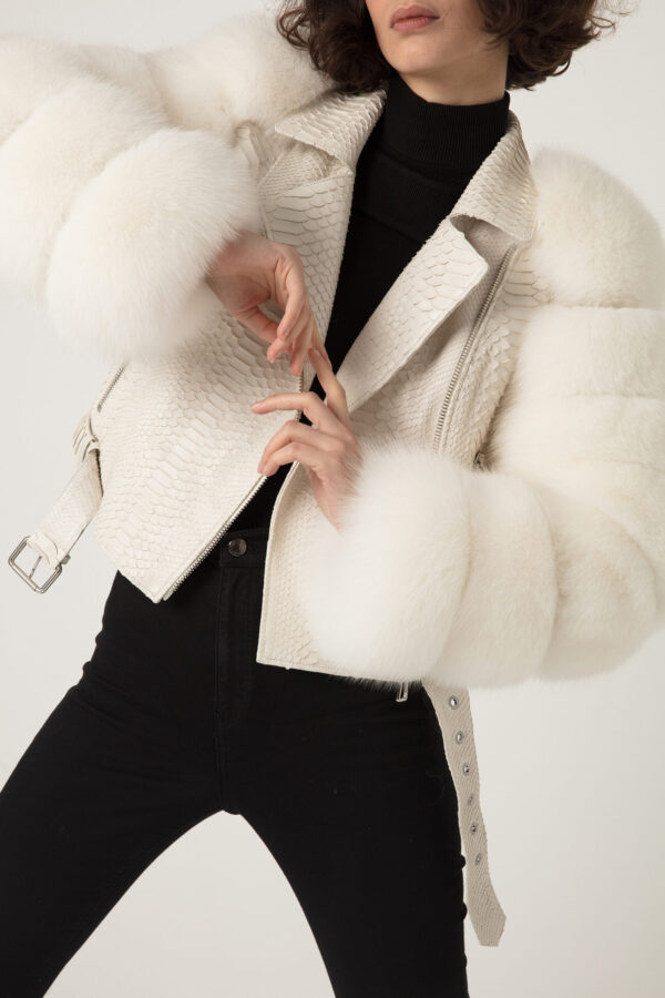 Women's Fox Fur Trim Real Python Leather Motorcycle Biker Jacket